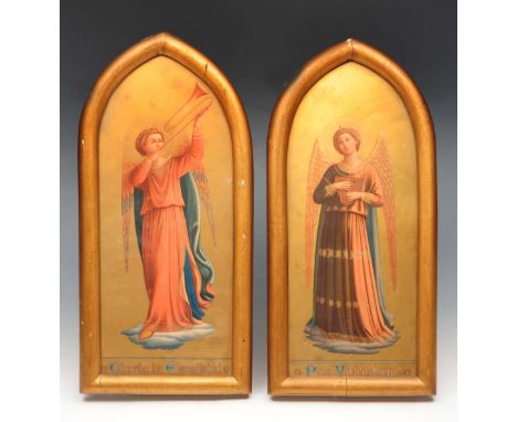 A PAIR OF VICTORIAN COLOURED PRINTS of angels playing musical instruments with Latin inscriptions in arched and gilded frames