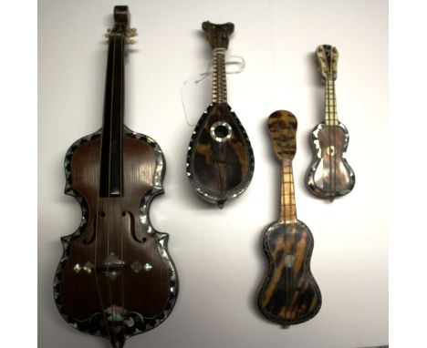 A MINIATURE TORTOISESHELL AND MOTHER OF PEARL INLAID MODEL of a Mandolin, 15cm overall; and three further similar to include: