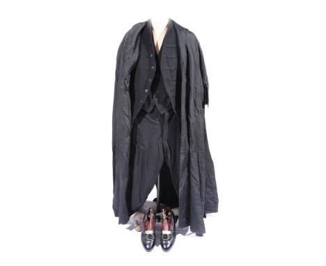 A COLLECTION TO INCLUDE: a silk judges robe by Ede & Ravenscroft, a pair of patent black leather shoes size 10 1/2 with jet b