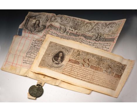 A Charles II document on vellum, with an engraved portrait of Charles II & Coat of Arms. worn illuminated title. Tog.with a v