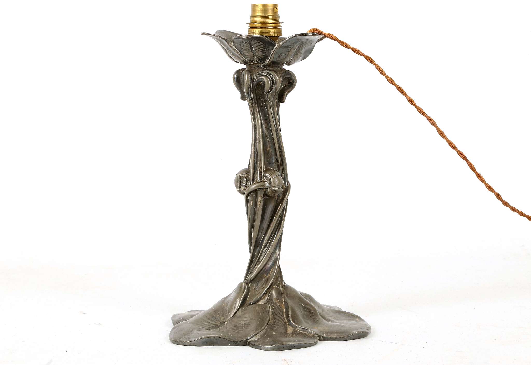 AN ART NOUVEAU PEWTER LAMP BASE, circa 1920, of organic form, (29cm high).