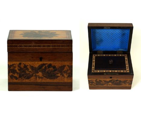 A Tumbridge ware tea caddy late 19th Century
The lid and sides decorated with flowers lid opening to reveal a single lift up 