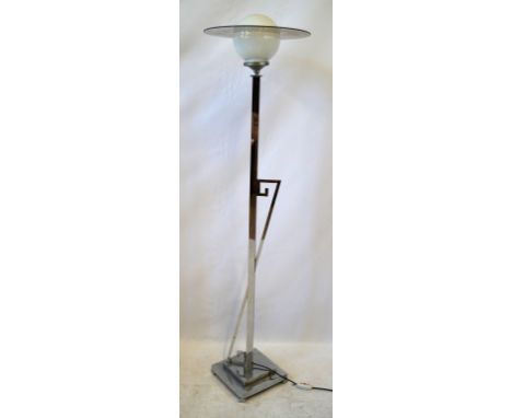 Art Deco style, chrome lamp standard
Having angular applied motifs, with milk glass shade and clear glass detachable sphere, 