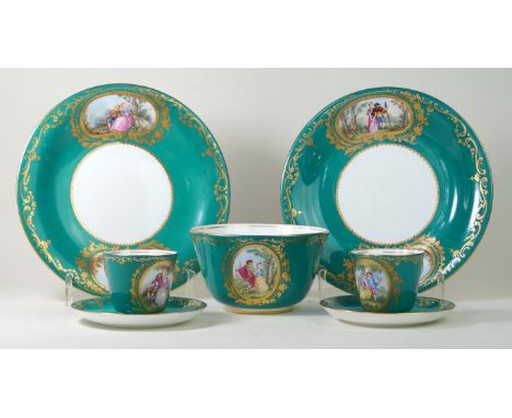 19th century, continental hand-painted twelve setting tea service
Comprising two plates, slop bowl, twelve cups, eleven sauce