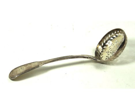 A George IV silver sugar sifting spoon
Fiddle and Thread pattern, the spoon bowl profusely pierced, crested by Francis Higgin