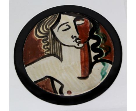 Geoffrey Key (Manchester, b.1941) - 'Classical Maiden'
Painted ceramic plaque, restored, approx 27cm circular, mounted and fr