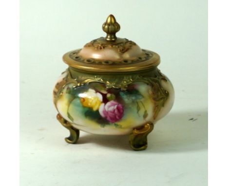 Hadley's Royal Worcester hand-painted pot pourri and cover
Decorated with roses, puce factory marks and date code for 1912 to