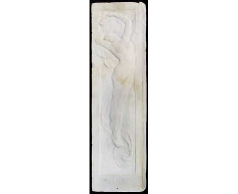 Art Nouveau painted plaster wall plaque 'autumn'
Modelled in the form of a semi-nude lady with swept dress and hair, embossed