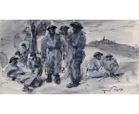 Tadeusz Was (Polish, 1912-2005) - 'Resting, Italy, 1944'
Ink wash on paper, signed, titled verso, approx. 14x23cm, framed.

N