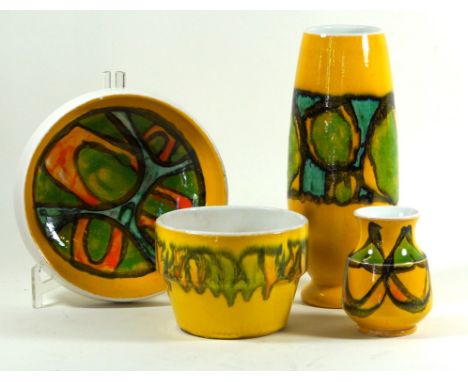 Poole pottery Delphis range, four pieces
Each having multi-coloured stylised decoration to include a rocket shaped vase, heig