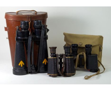 A collection of WWI and later military binoculars
A pair of 7x CF41 Barr & Stroud binoculars with broad arrow mark, together 
