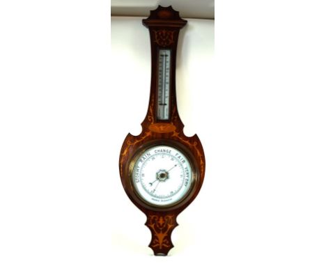 A late 19th/early 20th Century Aneroid barometer 
With separate thermometer mahogany case with inlaid with shell and foliate 