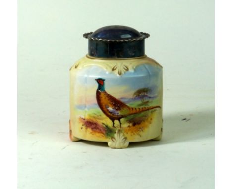 Locke & Co Worcester hand-painted tea caddy 
With silver-plated cover, decorated with a pheasant in landscape, by H. Wall, pr