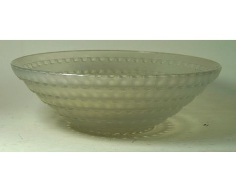 Rene Lalique France frosted glass conical bowl
Having relief decoration of stylised berries, embossed mark to rim, height 9.5