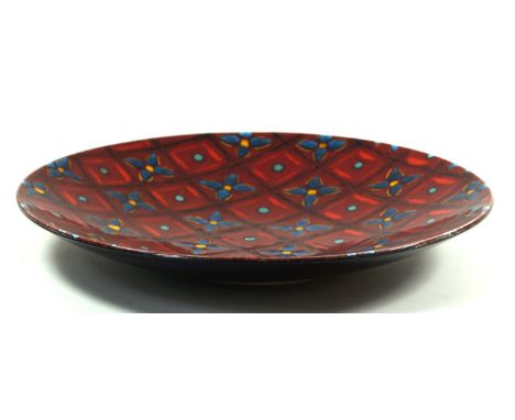 Alan Clarke studio limited edition ceramic charger 
Painted with stylised floral crosshatch decoration, printed factory marks