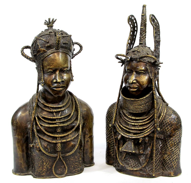 A Nigerian 20th Century Benin bronze bust of a male figure Wearing