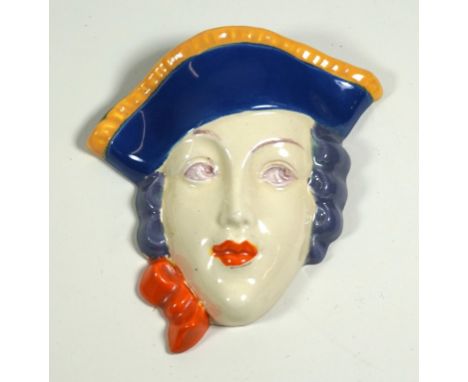 Royal Dux ceramic wall mask
Modelled in the form of a lady wearing a blue and yellow bonnet shaped hat, printed factory marks