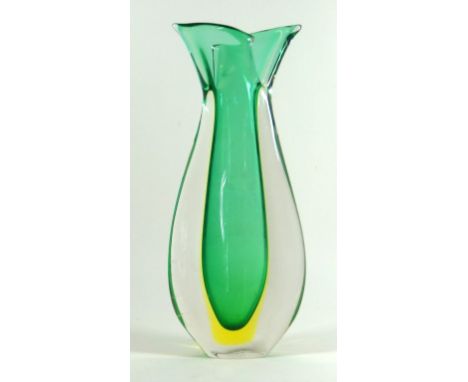 Murano Sommerso glass vase, circa 1970's 
Of teardrop form, having three internal colours of green, yellow and clear glass, h