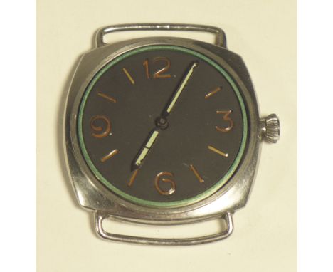 A Panerai Type D Model 3646 Military Wristwatch
With Rolex 17 Rubis movement, with stainless steel body and lugs, circa 1945 