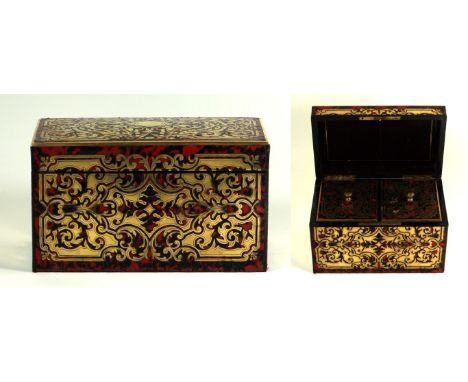 A fine quality French boule work tea caddy 19th Century
The top and sides all decorated with brass inlay and red tortoiseshel