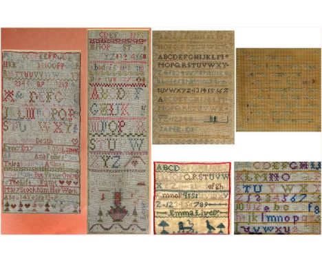 A collection of six samplers, early 19th Century
Near pair possibly done by siblings, first by Mary Stockham, aged 14 dated 1