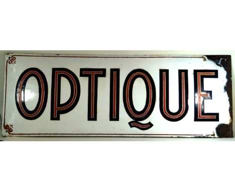 A French optique enamel sign early 20th Century 40x110cm. 
