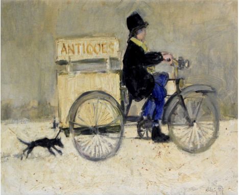 Harold Riley (British, b.1934) - 'The Antiques Dealer on his Bicycle'
Oil on board, signed and dated (19)71, approx 30x40cm, 