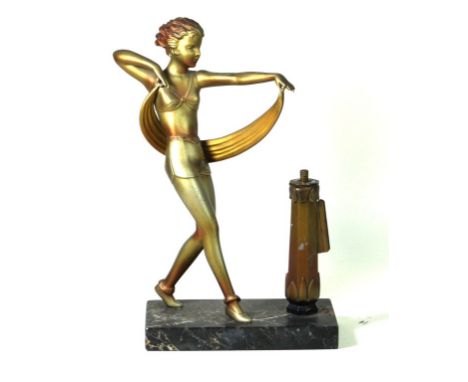 Art Deco style gilt spelter table lighter 
Modelled in the form of a dancing girl beside a street lamp style lighter, raised 