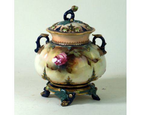 Hadley's Royal Worcester potpourri and cover 
Having hand-painted decoration of roses and foliate by W E Jarman, puce factory