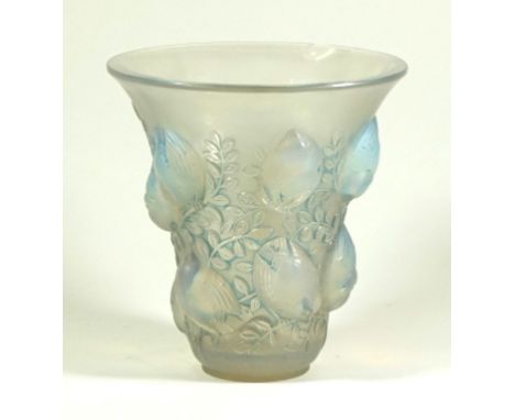 Rene Lalique opalescent vase of cylindrical form
'Saint-François' pattern, signed to base, height 18cm (af)
 CONDITION REPORT