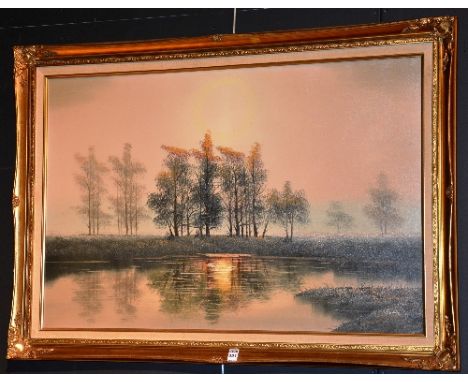 A. Dakin 'Lake Scene with Trees in Landscape' Picture on panel, signed lower right, 59cm x 90cm