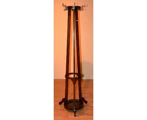 A tall oak hat and coat stand, with stick stand recess, 182cm high x 31cm wide