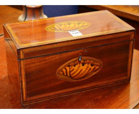 A George III style mahogany inlaid tea caddy, circa 19th century, decorated with satinwood shell motifs and crossbanding, enc
