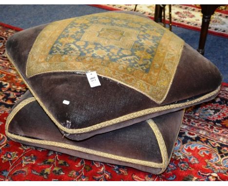A Persian cushion pouffe, in the form of two cushions, decorated with geometric motifs to the top within velour ground, 85cm 