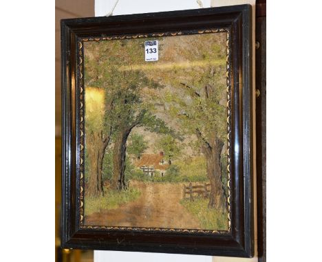 An 18th century style framed stumpwork panel, depicting thatched cottage and trees, 29cm x 24cm
