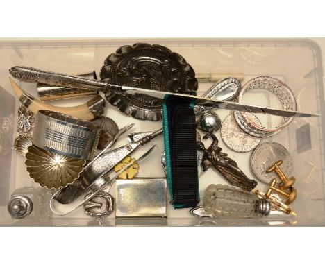 A quantity of silver coins and collectable's, to include ivory brooch with silver mounts and citrine stone, silver napkin rin