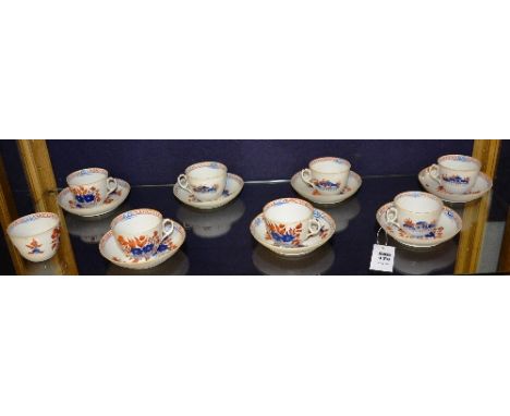 A late 18th century imari coloured porcelain tea set, circa 1790, comprising of eight cups and seven saucers, decorated with 