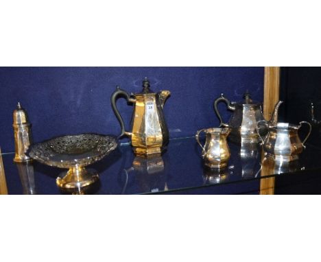 A plated four piece tea service, with octagonal scalloped decoration, also with pierced plated comport and sugar sifter (6)