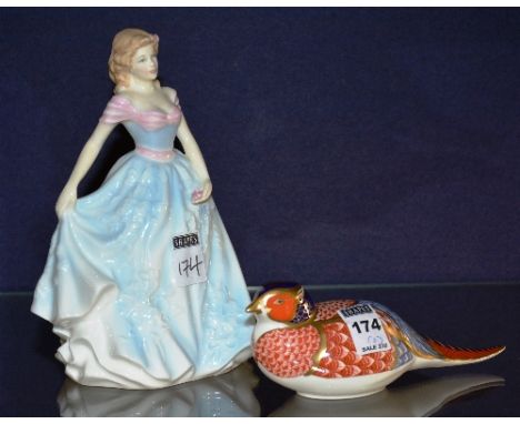 A Royal Crown Derby bird paperweight, button to base, 19cm long, also with Royal Doulton Statuette of faith HN4151 (2) CONDIT