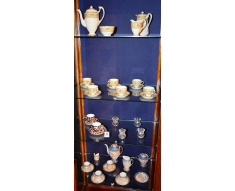 Two Royal Crown Derby Imari cups with saucers, also with Grosvenor china coffee set, and Japanese coffee set, and crystal orn