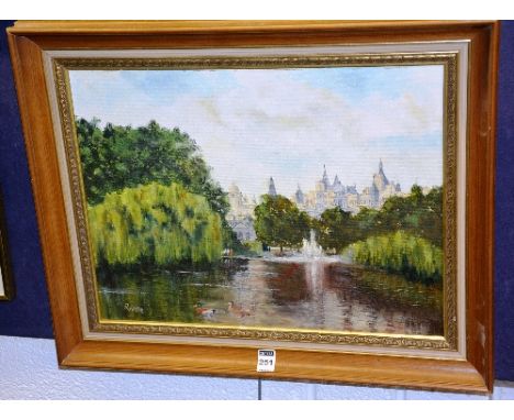 Ron Wilde 
'St James Park and Distant Whitehall'
Oil on board, signed R Wilde lower left, 34cm x 44cm