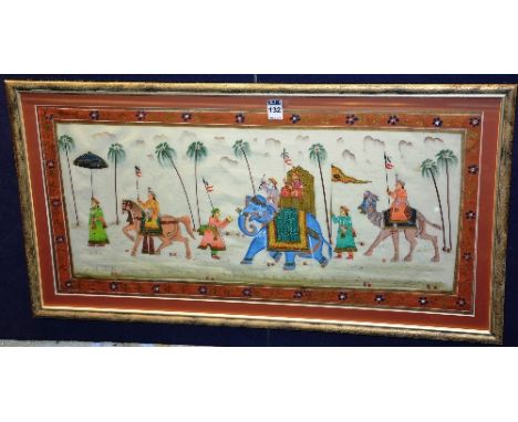 A Persian mughal school panel on silk, depicting royal figures and elephant, framed, 31cm x 67cm
