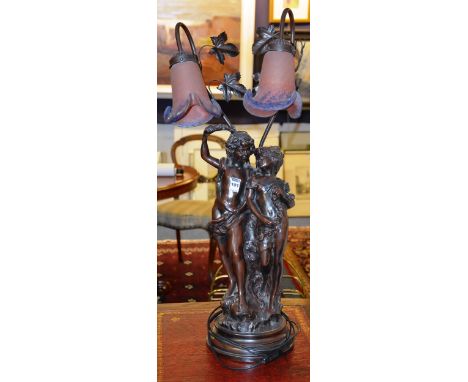 A French bronzed figural table lamp in the form of classical boy and girl, with two mottles glass shades, 74cm high