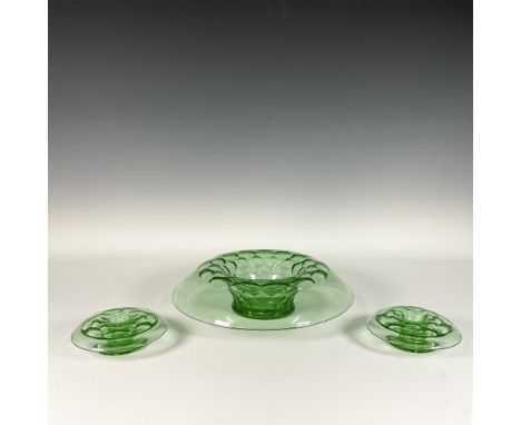 Set of three intricately designed green Depression style glass console bowls, each featuring a delicate floral etching patter
