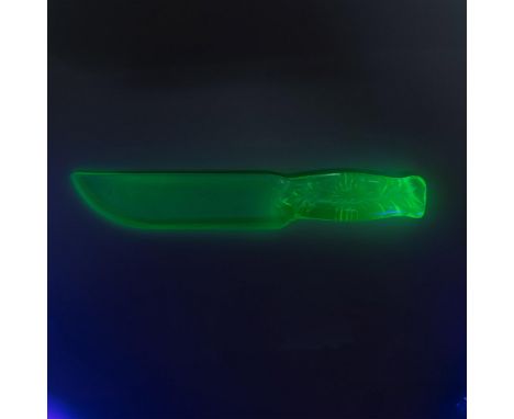 Vaseline glass knife with decorative flower handle. Marked with raised letters, DUR-X, Pat, D.112059, Made in USA. This item 