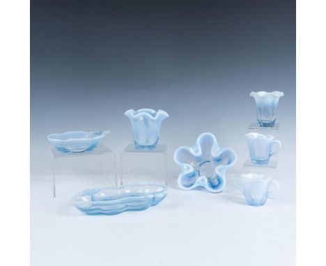 Gorgeous collection of light blue dishes that consists of a flower bowl, a double divide serve dish, a floral designed single