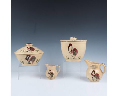Natural colored pottery with hand painted design on all pieces in red and green. Set includes bucket with lid 7.5"H x 8" dia.