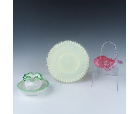 Lot includes pale yellow platter 11.5" dia.; handled rose pink basket 7"; milk glass bowl with lime green edge 7"; bulb vase 