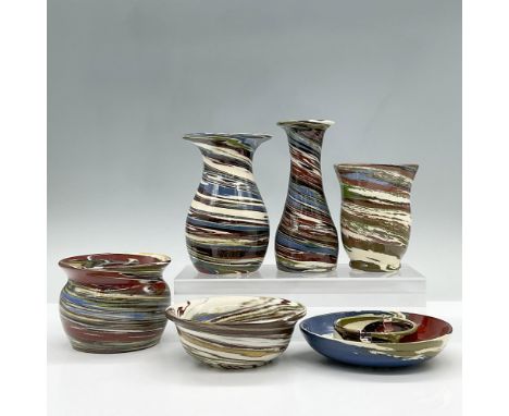 This marvelous 6 piece glossy ceramic set showcase a stunning colorful swirl design. Included are 4 vases, 1 small bowl and a