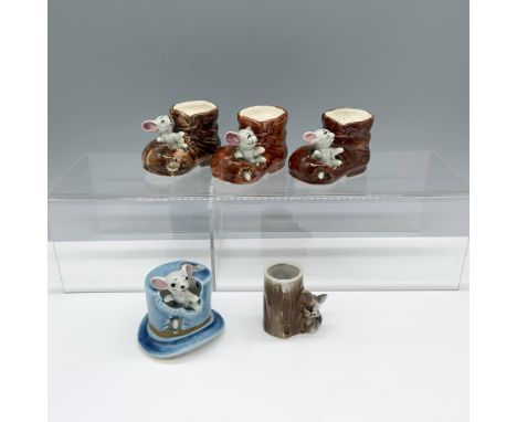 Adorable set of small ceramic containers that includes 3 shoes with mice in them, a blue top hat with a mouse, and a log with